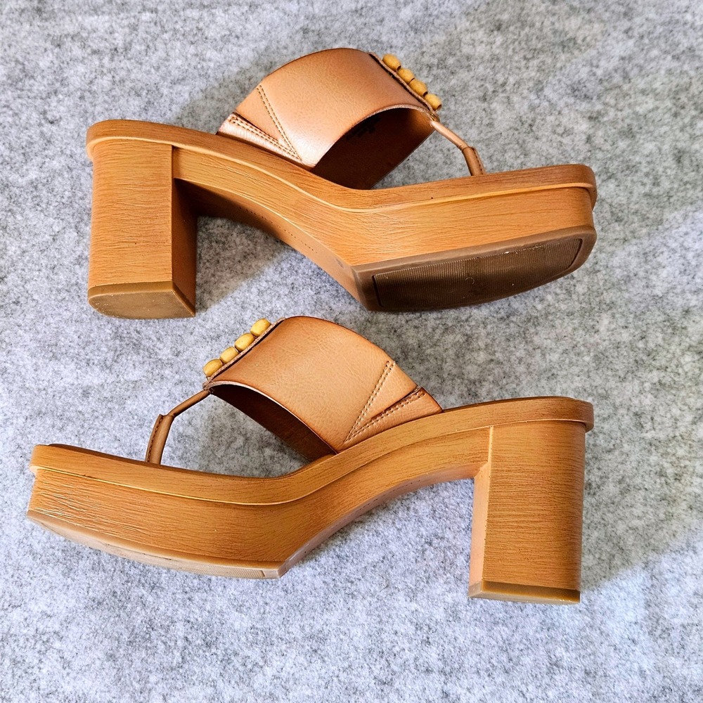 Lucky Brand Womens Tan Leather Beaded Thong Platform Block Heel Sandals Size 9M - Picture 6 of 10